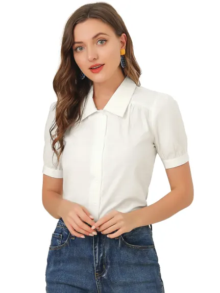 Allegra K- Haut de chemise à manches courtes bouffantes en coton pour femmes