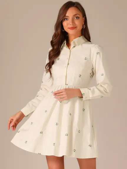 Allegra K- Long Sleeve Half Placket Embroidered Floral Mini Dress