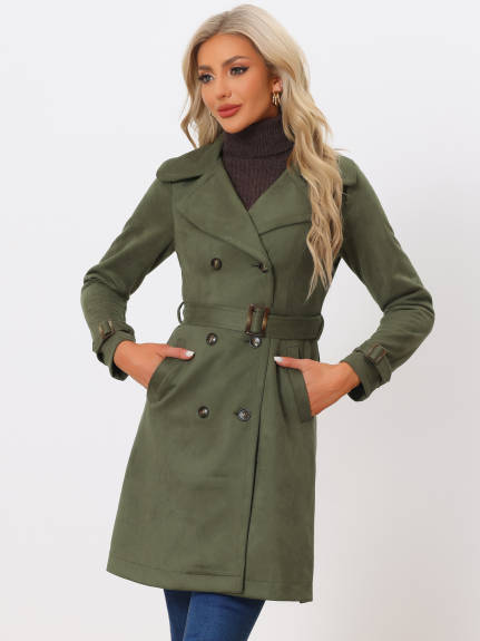 Allegra K- Faux Suede Tie Belt Trench Coat