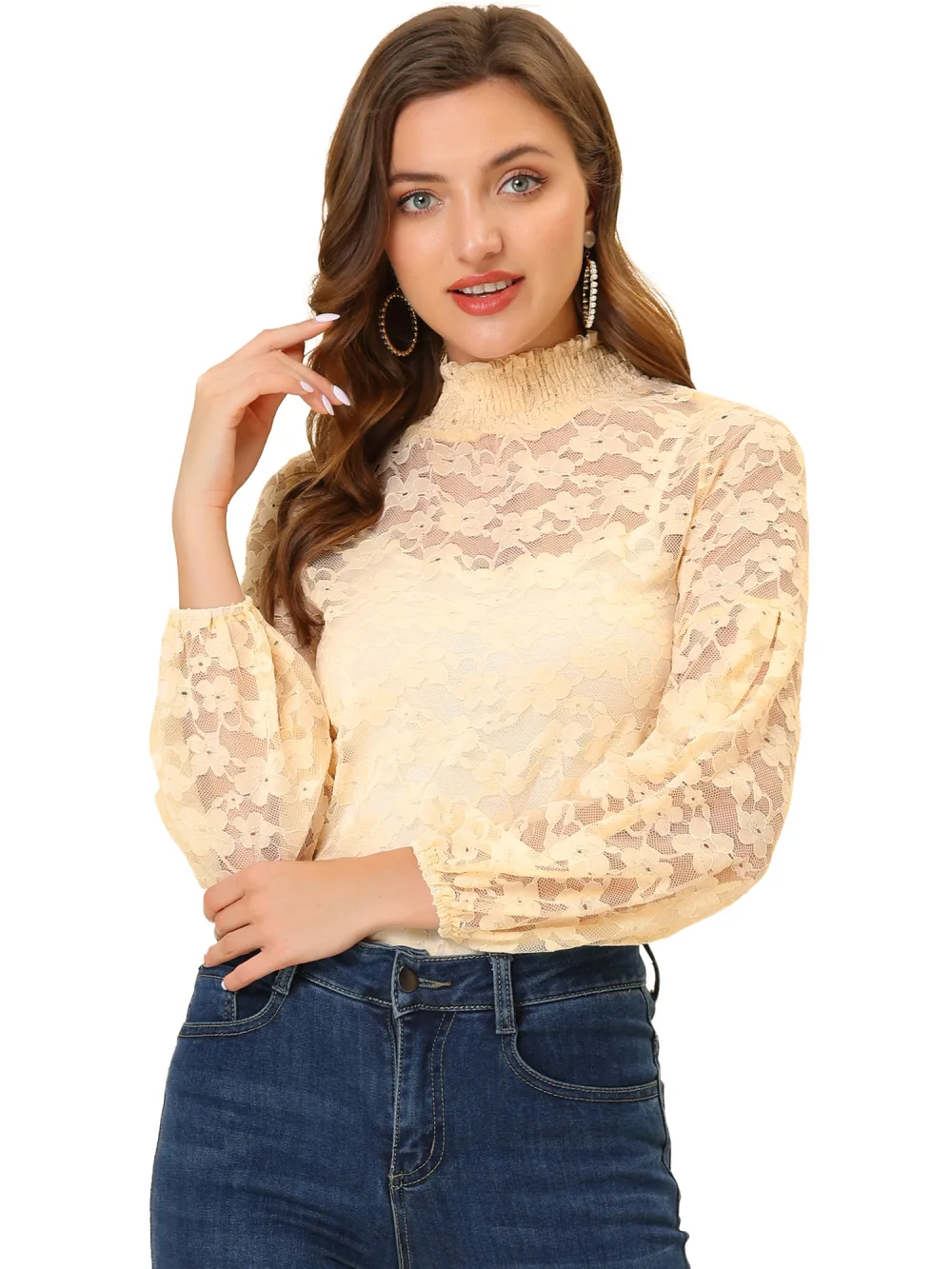 Allegra K- Blouse transparente en dentelle florale à col montant et volants