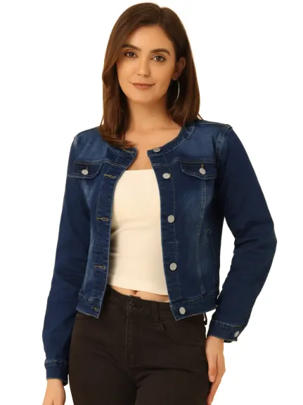 Allegra K - Veste en jean courte sans col boutonnée à manches longues