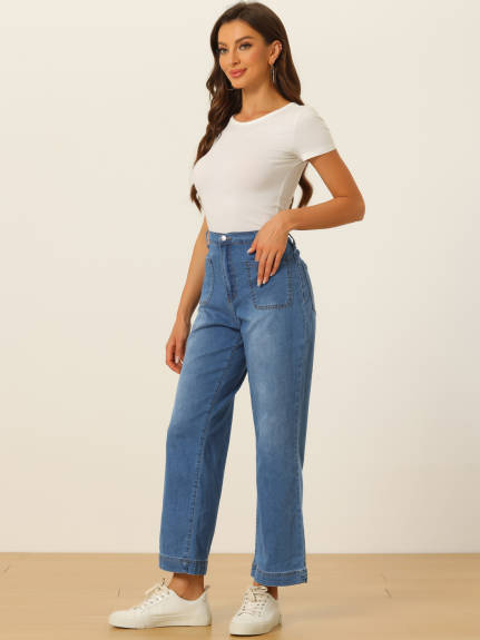 Allegra K - Straight Wide Leg Loose Denim Pants