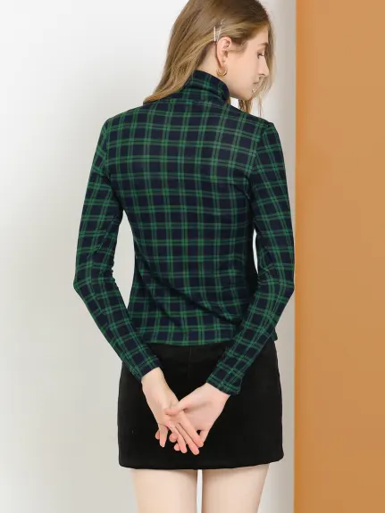 Allegra K- Turtleneck Long Sleeve Slim Plaid Shirt Blouse