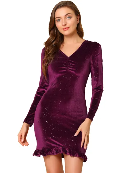 Allegra K- V Neck Velvet Sparkle Ruffle Hem Long Sleeve Mini Dress