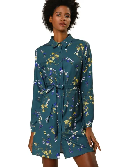 Allegra K- Lapel Button Down Floral Belted Shirt Dress