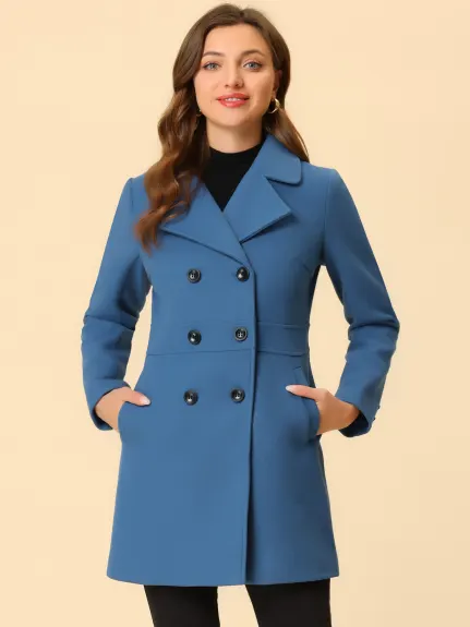 Allegra K- Notched Lapel Double Breasted Mid-Lentgh Overcoat