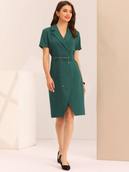 Allegra K- Short Sleeve Double Breasted Belted Blazer Dress