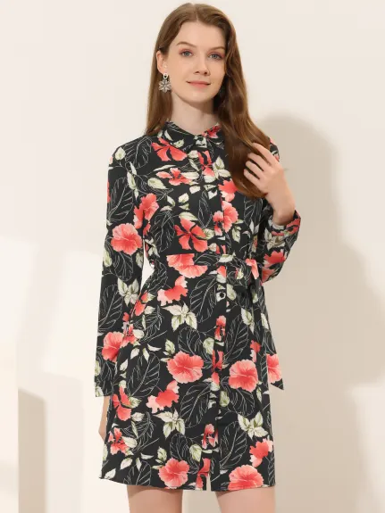 Allegra K- Lapel Button Down Belted Floral Shirt Dress