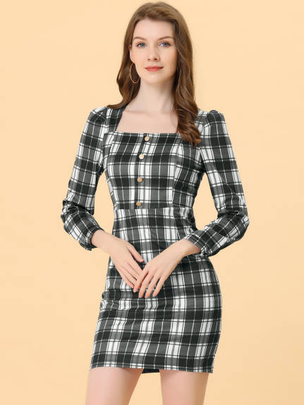 Allegra K- Square Neck Long Puff Sleeve Mini Plaid Dress