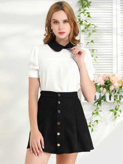 Allegra K- Pan Collar Puff Short Sleeve Pleated Blosue