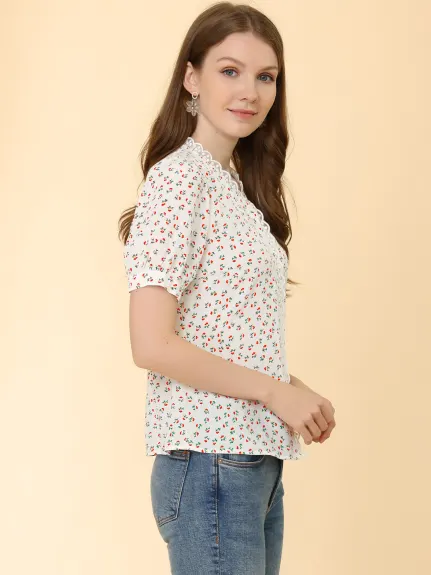 Allegra K- Peasant Short Sleeve Lace Trim Floral Shirt