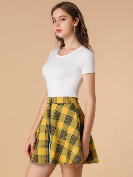 Allegra K- Plaid Zip-Up A-Line Flare Mini Skirt