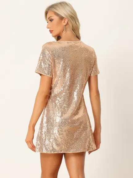 Allegra K- Glitter V Neck Short Sleeve Dress