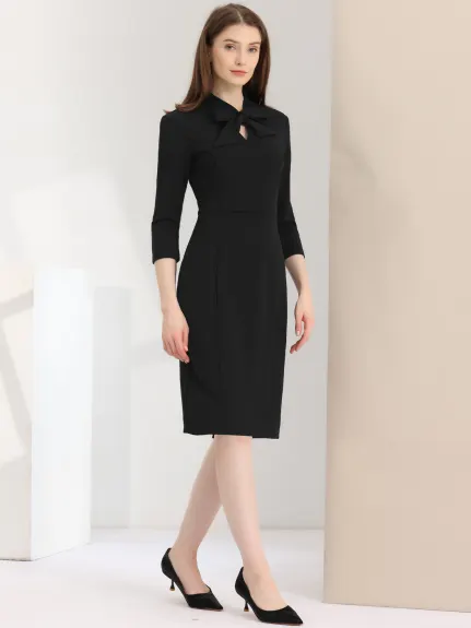 Allegra K- Sheath Bow Tie Front 3/4 Sleeve Bodycon Dress