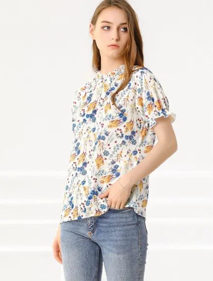 Allegra K- Floral Short Sleeve Ruffle Neck Blouse