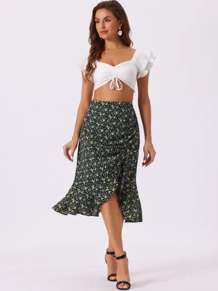 Allegra K- Drawstring Asymmetrical Ruffled Midi Skirt