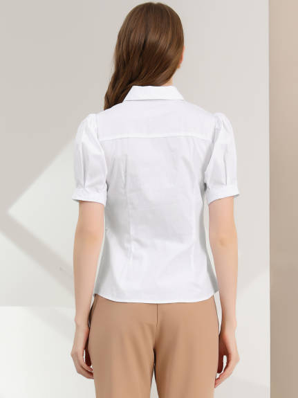 Allegra K- Puff Sleeve Collared Cotton Shirt