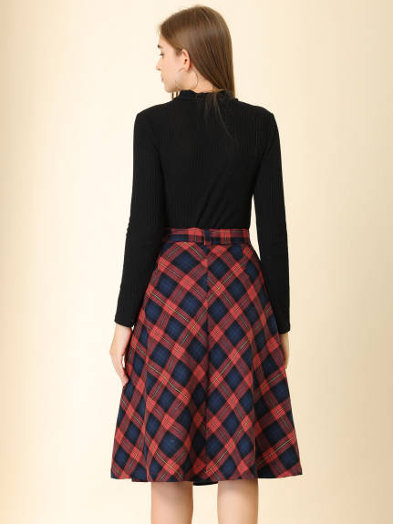 Allegra K- Plaid Tartan Belted A-Line Midi Skirt