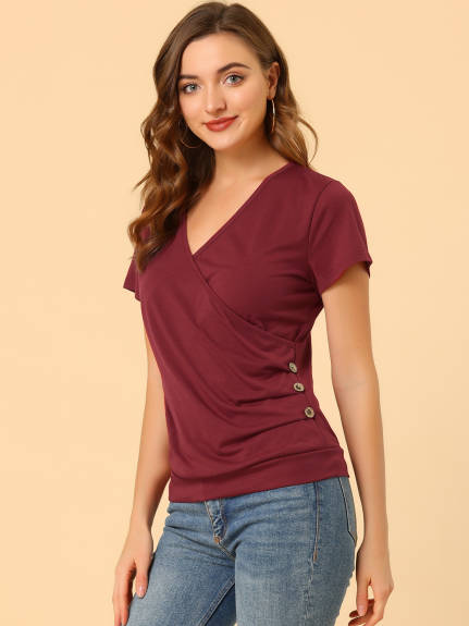 Allegra K - Wrap V Neck Short Sleeve Ruched Top