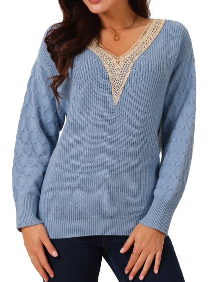 Allegra K - Lace V Neck Drop Shoulder Sweater