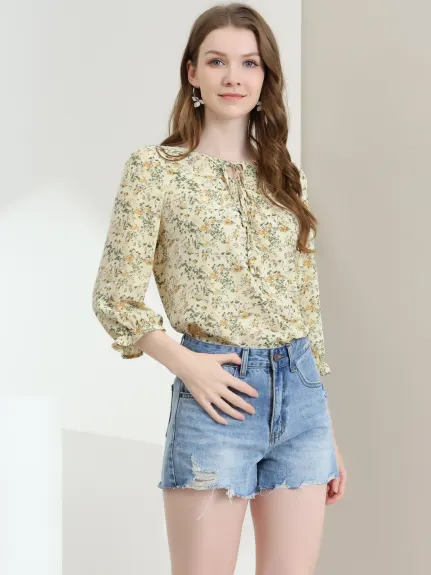 Allegra K- Tie Blouse florale à manches 3/4 et col en V