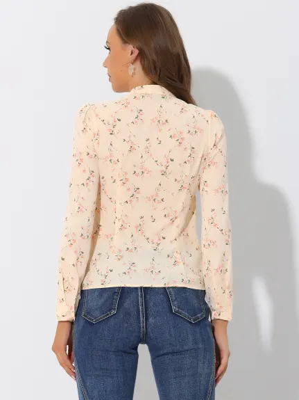 Allegra K- Floral Print Split V Neck Long Sleeve Blouse Shirt