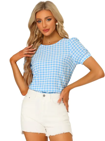 Allegra K- Gingham Puff Short Sleeve Vintage Blouse