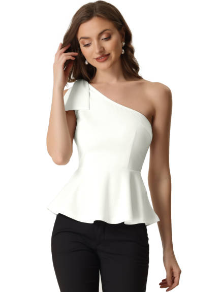 Allegra K- One Shoulder Bow Ruffled Peplum Top