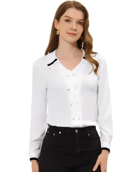 Allegra K- V Neck Chiffon Collared Shirt