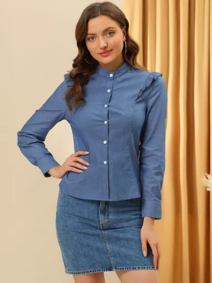 Allegra K- Denim Long Sleeve Stand Collar Ruffled Trim Shirt