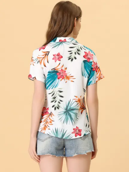 Allegra K- Beach Tropical Floral Leaves Button Down Shirt