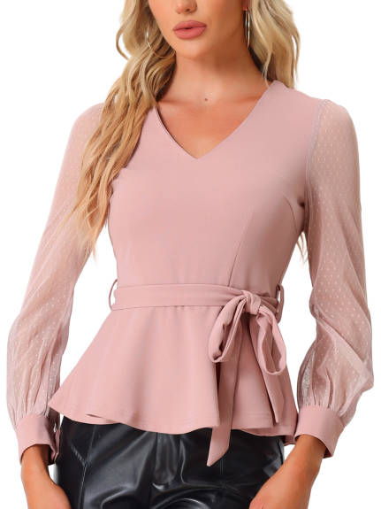 Allegra K - Mesh Long Sleeve Peplum Top with Belt