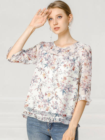 Allegra K- Floral Ruffled 3/4 Sleeve Blouse