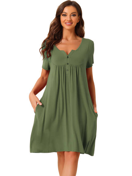 cheibear - Button with Pockets Short Sleeve Nightgown