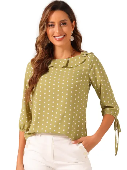 Allegra K- Ruffled Neck Half Sleeve Sheer Polka Dots Blouse