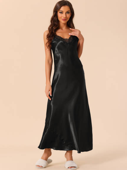 cheibear - Camisole Lace Trim Maxi Nightgown