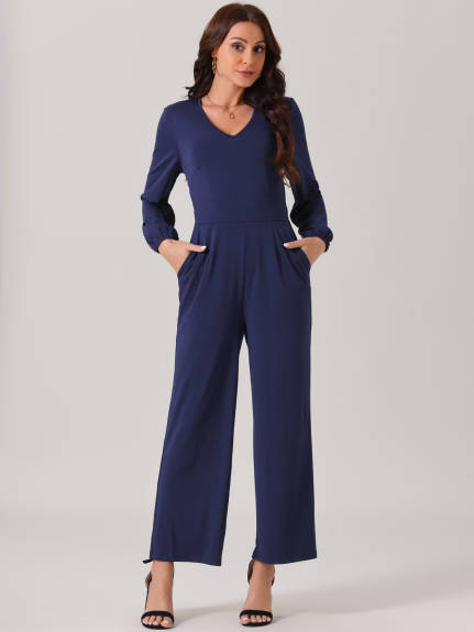 Allegra K - V Neck Long Sleeve Wide Leg Jumpsuit