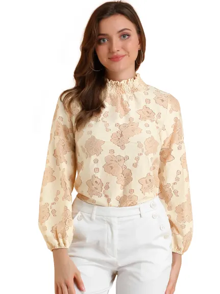 Allegra K- Ruffle Mock Neck Floral Lace Sheer Blouse