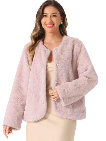 INSPIRE CHIC - Pearl Button Faux Fur Coat Jacket