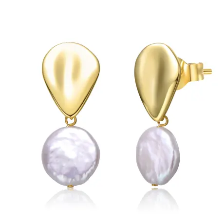 Genevive Sterling Silver 14k Yellow Gold Plated with White Coin Pearl Raindrop Double Dangle Drop Earrings