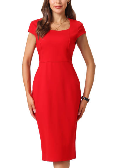 Hobemty- Square Neck Cap Sleeve Pencil Dress