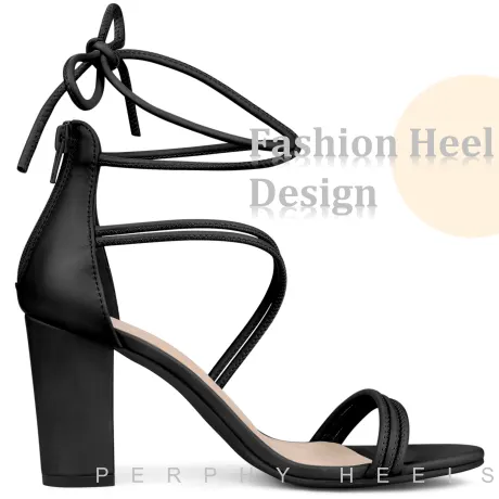 Allegra K- Open Toe Lace Up Chunky Heel PU Sandals