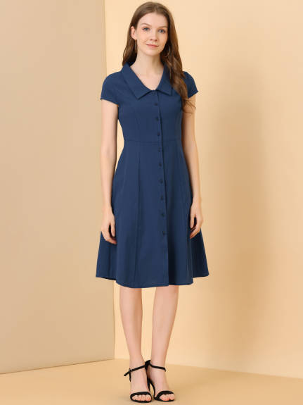 Allegra K- Cap Sleeve Cotton Collar Midi Button Down Dress