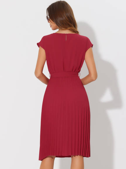 Allegra K- Pleated Crew Neck Tie Waist Dress