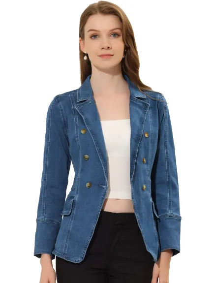 Allegra K- Veste en jean boutonnée à revers cranté avec poches