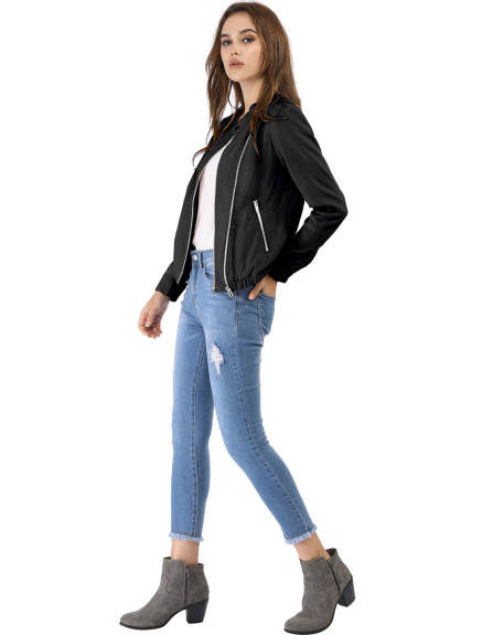 Allegra K- Lightweight Stand Collar Biker Moto Jacket