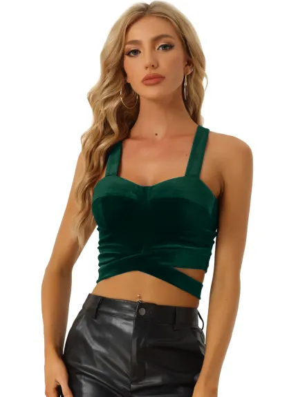 Allegra K- Velvet Cami Spaghetti Strap Deep V Crop Top