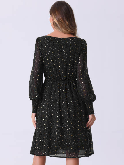 Allegra K - Puff Long Sleeve Gliding Stars Midi Dress