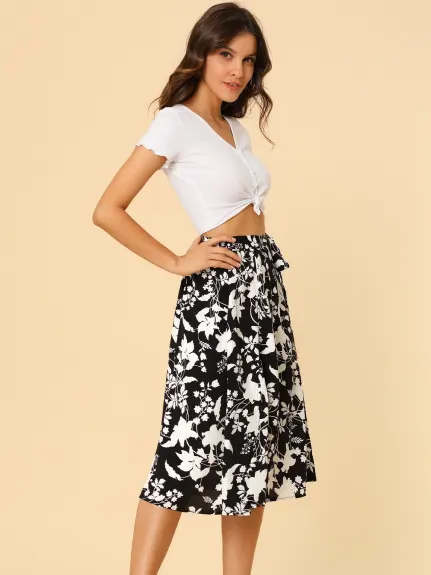 Allegra K- Slit Floral Belted A-Line Midi Skirt