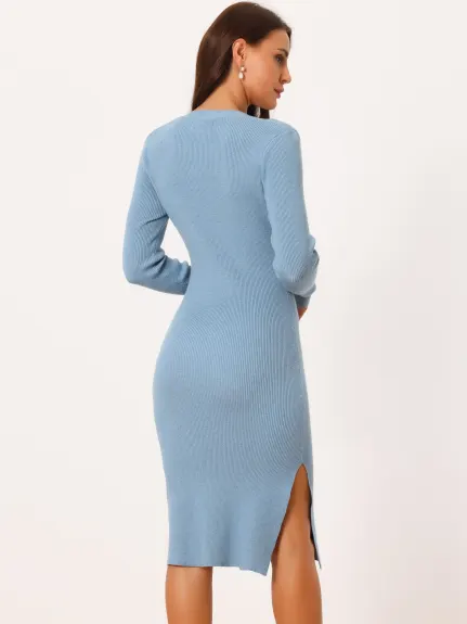 Allegra K- Square Neck Slim Fit Ribbed Knit Bodycon Midi Sweater Dress